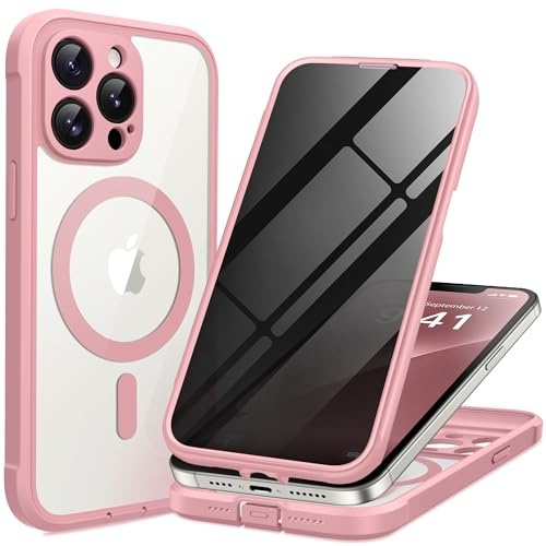 BERFY for iPhone 12 Pro Max Case, Compatible with Magsafe, Pink | Built-in Privacy Screen Protector, Full Camera Protection, Shockproof Full Body Magnetic Clear Phone Case 6.7