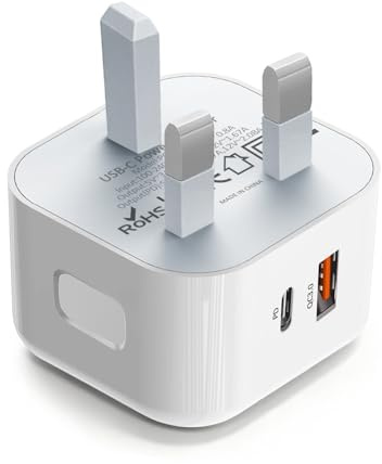 USB C Plug, 25W Power Adapter USB C Fast Charger UK iPhone Plug Dual Port USB+Type-C Charging Wall Plug Fast Charge for iPhone 17/16/15/14 Pro/14 Pro Max/13/12/11, iPad Pro/Air, Galaxy S24/S23