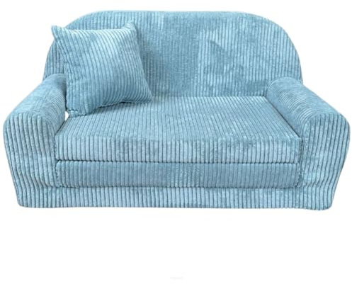 FORTISLINE - Kindersofa Rosalia Mini - Ausklappbares Mini-Sofa aus Cord mit Verlängerung - Schlafcouch 78 x 45 x 40 cm - Kinder Sitzsofa Oeko-TEX Zertifiziert - inkl. Kissen - in 7 Farben - Türkis