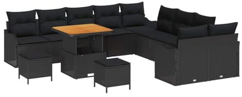 vidaXL 13-teiliges Garten-Sofa-Set mit Kissen, Schwarz, aus Poly-Rattan, Akazienholz. Ideal für die Außensitzplätze. Perfekt für Balkon, Terrasse und Lounge im Frühling und Sommer. Modern und modular.