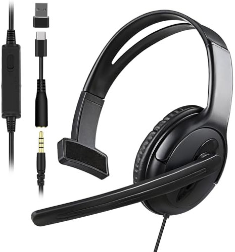 Joso Wired One Ear Headset with Mic, Single Ear Headset for PS5/PS4/Xbox/Switch/PC/iPad/Mac/Tablet with 3.5mm to USB A & Type C Adapter - Office Business, Remote Work, Coach, Gaming, Chat Headphone