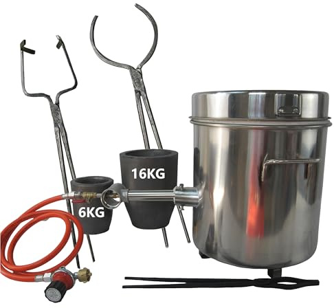Four de fusion au propane simple avec pince à creuset, four à gaz en acier inoxydable avec 2 creusets graphite (16 kg et 6 kg), kit d'outils de fonderie pour métal doré, argenté, cuivre, aluminium