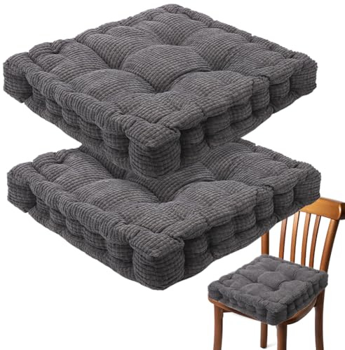 2er Set Sitzkissen 40x40 cm, Dicke Bodenkissen, Baumwolle Stuhlkissen Outdoor & Indoor, Sitzkissen Gefüllte Sitz-Kissen Weiche Kissen Sitzpolster für Esszimmer, Wohnzimmer, Haus, Garten (Dunkelgrau)