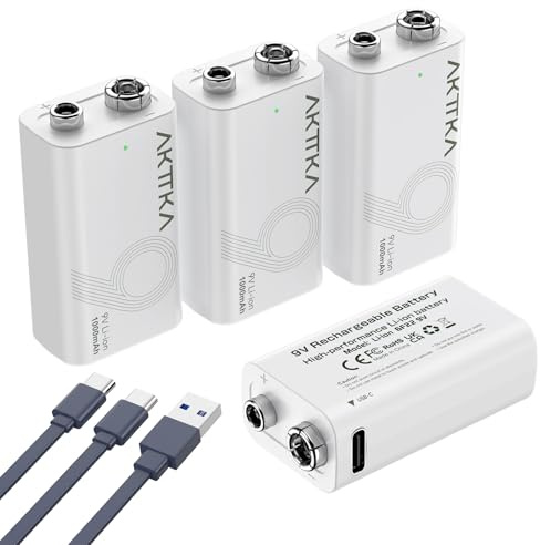AKTTKA Pack da 4 Batterie al Litio Ricaricabili 9V da 1000mAh, con Cavo di Ricarica Type-C, Ideali per Dispositivi di Precisione come Multimetri Portatili, Rilevatori di Metalli e Tester di Cavi