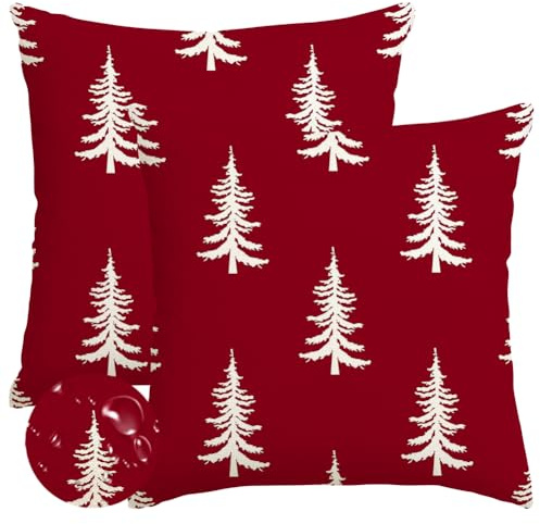 RABUSOFA Rot Tannenbaum Outdoor Weihnachtskissenbezüge Kissenbezug 45x45 2er Set Wasserfest Weihnachten Weiß Weihnachtsdeko Winterdeko Xmas Deko Decorations Indoor (Rot, 45 x 45 cm)