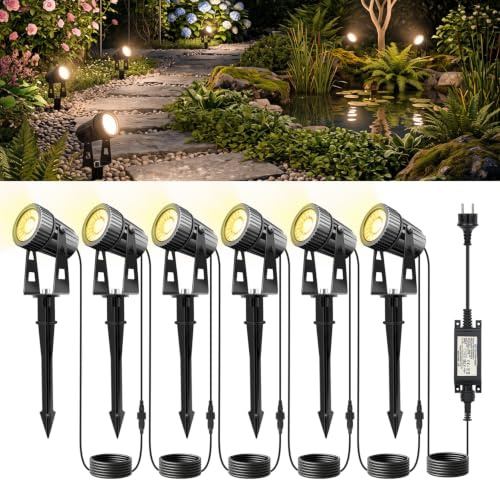 Lam(MS) pen 6-delad LED-trädgårdsstrålkastare, 24 V, 20 W, varmvit, trädgård, IP65-vattentät, med markblad, 2 100 lm, 20 m, trädgårdsbelysningskabel