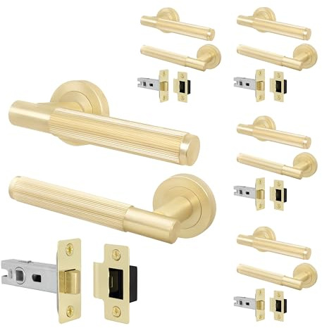 EAI Satin Brass Door Handles with Latches, 5 Pack - Oruro | Complete Latch Kit with 5 Pairs of Door Handles, 64mm Latches, Fixings Included