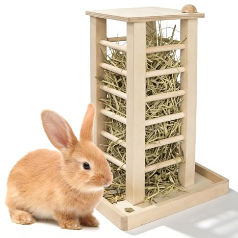 Heuraufe Kaninchen, 36x24x24cm Futternapf Mehrzweckdesign Heuraufe Meerschweinchen Aus Naturholz, Hasen Zubehör Für Kaninchen Meerschweinchen Hasen Hamster Mäuse Ratten