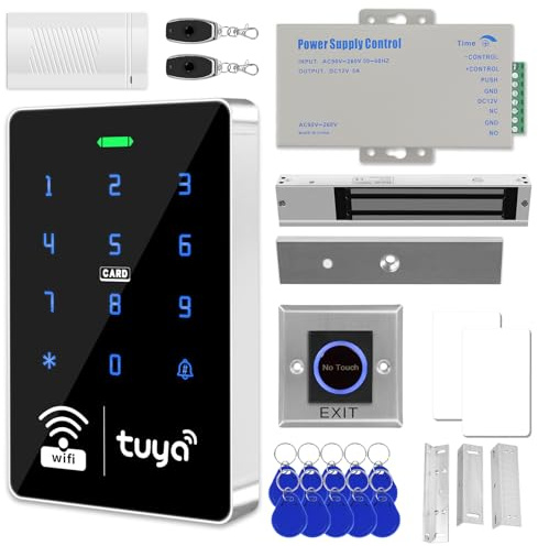 Tuya WiFi Smart Access Control System Kit – 280kg Magnetic Lock with Z/L Brackets, IP68 Waterproof RFID Keypad, 12V 5A Power Supply, Exit Button, Door Sensor, 10x 13.56MHz Key Fobs + Add/Delete Cards