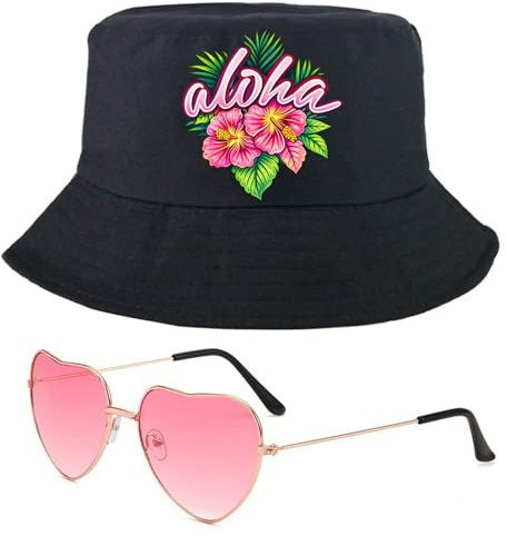 PIujsym Hawaii Outfit Damen Set 2 Teilig Aloha Hut Mit Blumen Print Und Herz Sonnenbrille Schwarz 56 58 cm Perfekt Für Hawaii Outfit Luau Party Strand Festival Karneval Sommer Accessoires