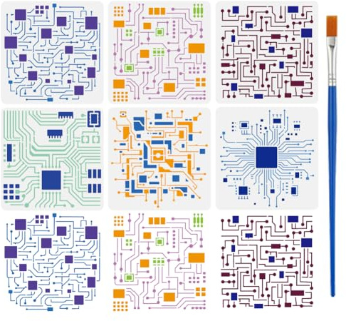 FINGERINSPIRE 6 Stück Elektronische Leiterplatten Schablonen mit Pinsel 20x20cm Wiederverwendbare Elektronische Schaltkreis Zeichen Schablone Wissenschafts Thema Schablone zum Malen auf Boden Möbel