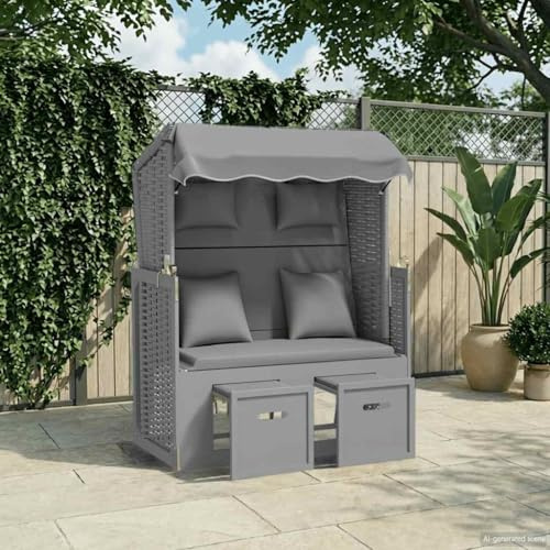 Kaloriko Strandkorb mit Kissen aus Poly Rattan und massives Tannenholz Grau, wetterfest und verstellbar mit Sonnendach, gepolsterte Kopf- und Rückenkissen, 3-Fach Rückenlehne, ideal für Garten