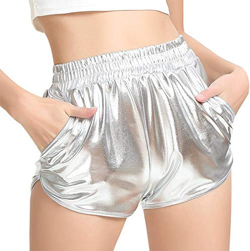 MAKARTHY Damen metallic shorts glänzende hosen rave beute tanz shorts mittel silber