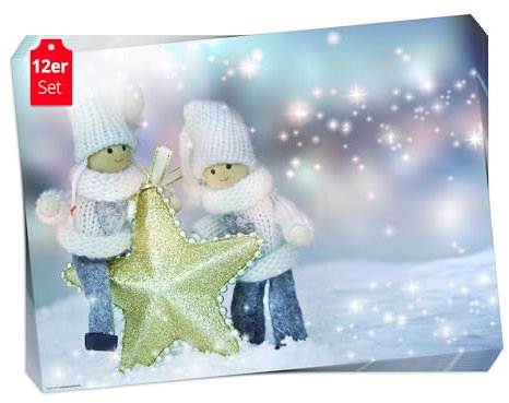 Tischsets I Platzsets - Weihnachtsmotiv mit Strickpüppchen, Stern und Glitzer - 12 Stück in hochwertiger Aufbewahrungsmappe