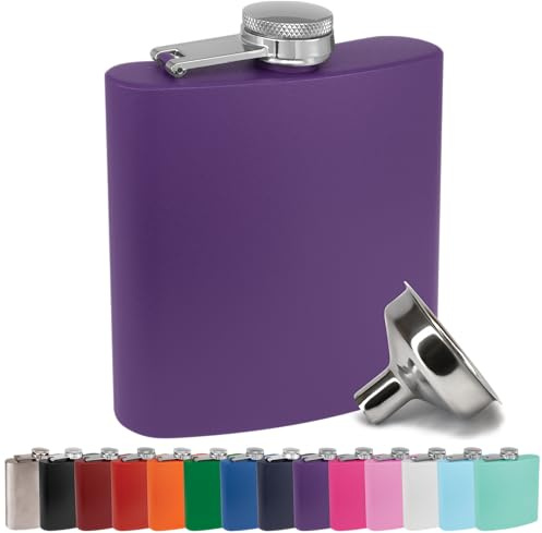 Clear Water Home Goods 6 oz Hip Flask Matte Purple | 18/8 Stainless Steel Flask with Funnel, Powder Coated, Whiskey Flask Gift for Groomsmen, Bridesmaids & Weddings