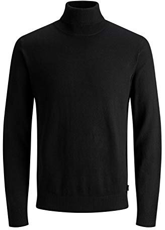 JACK & JONES Herren Dünner Rollkragen Strickpullover | Klassischer Rundhals Sweater | Langarm Basic JJEEMIL, Farben:Schwarz, Größe Pullover:L