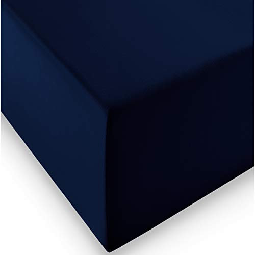 fleuresse 1119 XXL Jersey Stretch Spannbetttuch (96% Baumwolle, 4% Elasthan), mit Rumdumgummizug, Ökotex 100, für Matratzen bis 40 cm Höhe, 140 x 190-160 x 220 cm, Marine