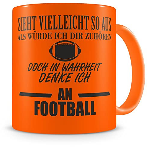 Samunshi® Ich denke an Football Tasse Kaffeetasse Teetasse Kaffeepott Kaffeebecher Becher H:95mm/D:82mm neon orange