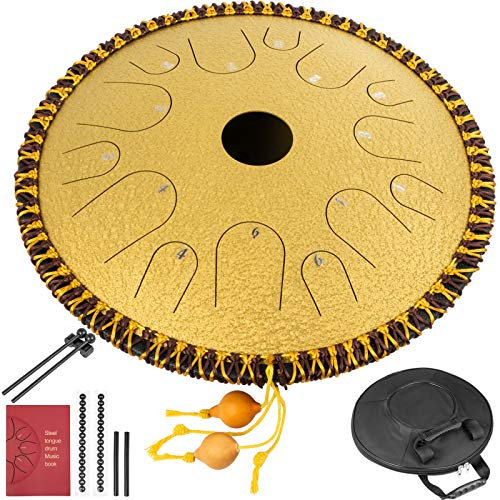 Happybuy Percussion Instrument 14 Töne Zungentrommel 14 Zoll, Steel Tongue Drum Golden, Hand Pan Drum mit Trommelschlägern, Tragetasche, Notiz Sticks für Meditation, Yoga, Sound Healing