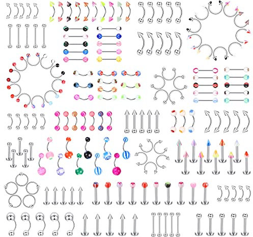Finrezio 185pcs Body Piercing Jewelry for All Piercings, Tongue Nipple Rings Eyebrow Lip Belly Button Barbell Nose Piercing Tragus Navel Body Jewelry for Women Piercings 14g-18g