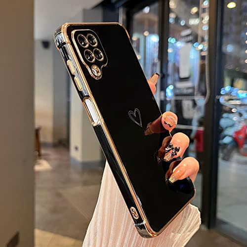 ZTOFERA Compatible with Samsung Galaxy A12 / M12 Case for Girls Women, Flexible Silicone Protective Phone Case with Cute Love Heart Pattern Golden Edging Shockproof Bumper Cover, Black