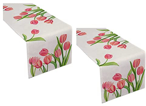 MSUIINT 2 x Tulpen-Tischläufer, saisonale Frühlings-Sommer-Grünpflanzen, Urlaub, Küche, Esstischdekoration für Party, Küche, Dekoration