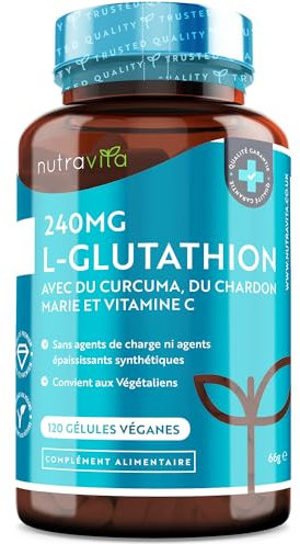 L-Glutathion 240 mg - 120 Gélules Vegan Haute Dose - Antioxydant avec NAC, Vitamine C, Sélénium, Curcuma et Chardon Marie - Contribue au Maintien d'un Système Immunitaire Normal - Nutravita