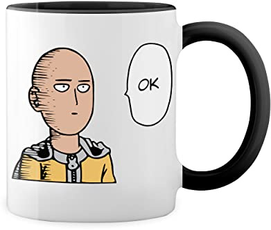 Saitama Ok Inspired One Punch One Manga Anime Color Trending Weiße Tasse Mug mit schwarzen Felgen & Griff