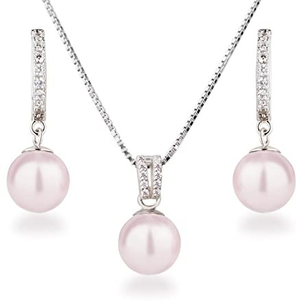 Schöner-SD Perlenset Halskette Creolen-Ohrringe 925 Silber Rhodium hell-rosa
