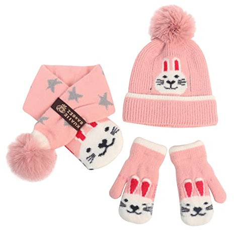 NautySaurs Mädchen-Zubehör-Set für kaltes Wetter, Thermo, gehäkelt, dick, flauschig, Bommelmütze, Schal und Handschuhe für Kleinkinder im Alter von 2–6 Jahren, Hase rosa, Einheitsgröße