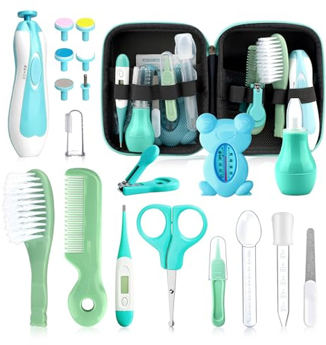 Baby Healthcare and Grooming Kit, 26 in 1 Portable Baby Safety Care Set with Hair Brush Comb Nasal Aspirator Electric Nail Trimmer Set Baby Essentials kit for Newborn Boys Girls (Green 26 in 1)