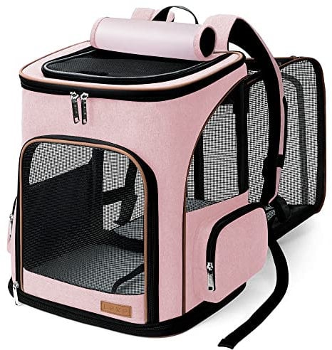 Lekesky Groß Katzenrucksack Hunderucksack für Katzen und Hunde bis 8-10kg, Erweiterbar Faltbare Haustier Rucksack mit Innerer Sicherheitsleine und 2 Haustiermatte, Rosa, XL