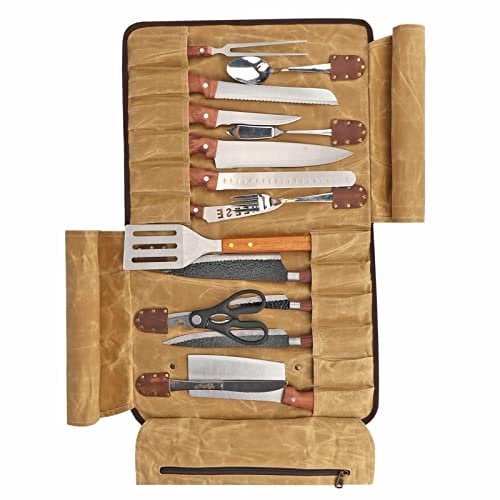 Tourbn TOURBON Chefs Knife Roll Bag 12 Slots Waxed Canvas and Leather Knife Carry Case Portable Kitchen Tool Organizer
