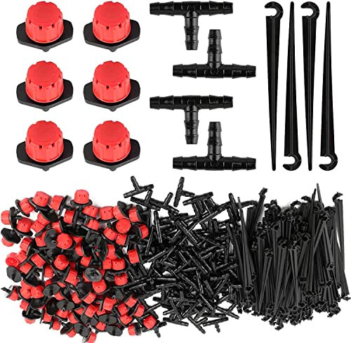 Juego de 150 unidades de sistema de riego de jardín automático de riego por goteo para bricolaje(50microgoteros ajustables+50 conectores+50 T anclajes de tierra)