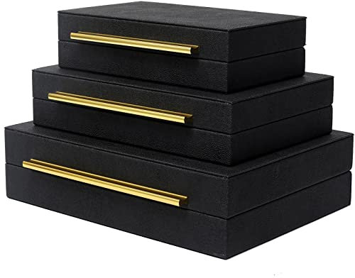 DECOR4SEASON Faux Shagreen Leather Jewelry Storage Boxes Set of 3 with Gold Handles, Velvet Lined Stackable Organizer for Women, Vanity, Dresser, Gift, Black