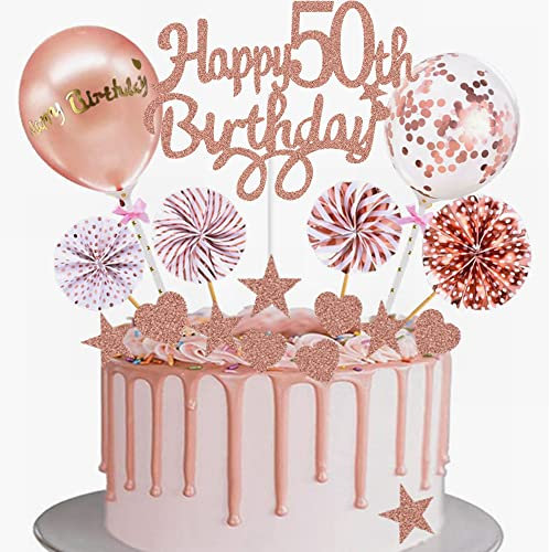 Yunchu Online Tortendeko 50. Geburtstag Frau Happy 50th Birthday Cake Topper Roségold Kuchen Topper 50 jahre Frau Kuchendeko für 50. Geburtstag Cupcake Toppers