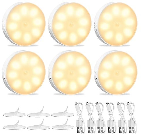 KEWUZY Luce Armadio con Sensore di Movimento, 6 Pezzi Luce Notturna LED Interna Ricaricabile USB, Sensore di Movimento per Luci, 8 LED 3 Modalità (Auto/On/Off) per Armadietto, Scale, Corridoi, Camera