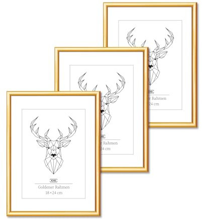 KHG 3er Set Bilderrahmen aus Kunststoff mit stabilem Glas und Passepartout, zum Aufhängen oder Hinstellen, Ideal für Portraits, Urkunden, Poster - gold, 18x24 cm