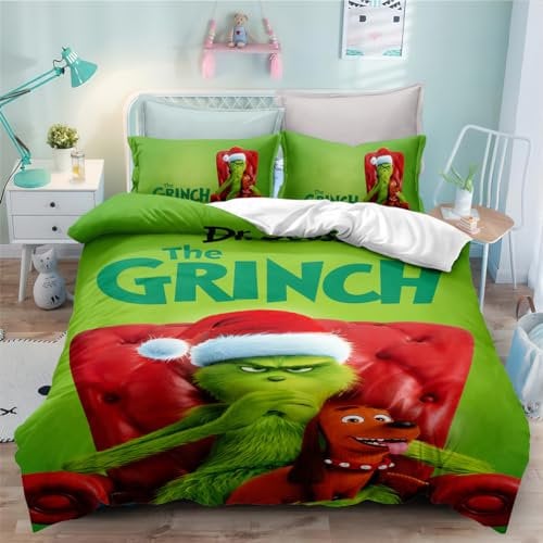Molinter Bettwäsche Set Weihnachten Grinch Bettbezug - Bettwäsche-Sets mit Reißverschluss 2 Kissenbezüge Cartoon Mikrofaser Bettwäscheset (C, 140 x 200 cm+2 Kissenbezüge 50 x 75 cm)
