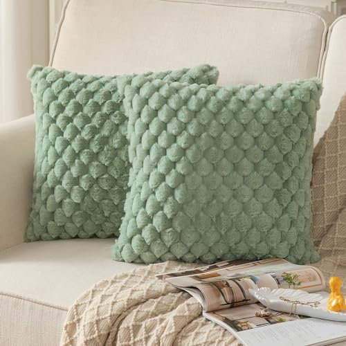 Mandioo 2er Set Salbeigrün superweichen dekorative Plüsch Kissenbezug Kissenbezüge 45 x 45 cm Wollsamt Dekokissenbezüge Kissenhülle Sofakissen Dekokissen flauschig für Couch Sofa Bett Wohnzimmer