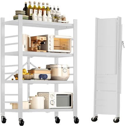 Estantería para Almacenaje, Repisa Modular Multiuso, Estante con Ruedas, Estantería de Pie Plegable, Mueble para Cocina, Baño, Habitación, Salón con 4 Baldas de Almacenamiento.