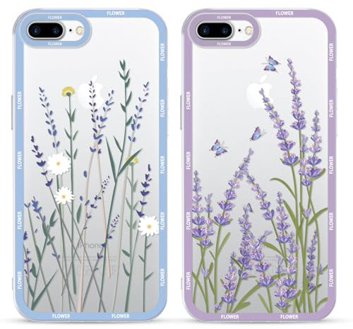 Foonary 2 Pack Clear Flower Set Suitable for iPhone 8/SE 2022/7/SE 2020 Transparent 4.7, Phone Case With Lavender Beautiful Fun Aesthetic Pattern Cover, Soft TPU Silicone Shockproof Protective Box