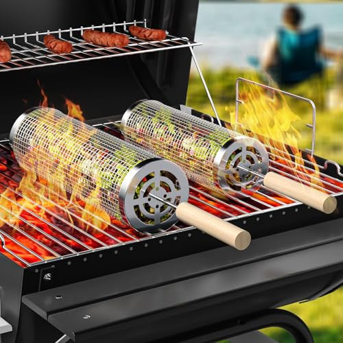 Rolling Grilling Baskets for Outdoor Grill, 2 Pcs BBQ Grill Basket Stainless Steel Barbeque Grill Accessories Set, Camping Picnic Cooking Tools for Vegetable/Shrimp/Huhn, Gifts for Men Dad Husband