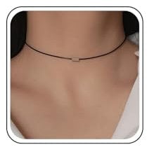 Cimenexe Bohemian Leather Rope Choker Necklace Black Leather Cord Collar Necklace Silver Square Leather Chain Necklace Minimalist Rectangle Bar Leather Necklace Jewelry for Women and Girls Gifts