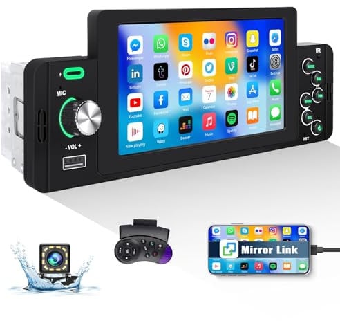CAMECHO Single Din Car Stereo Bluetooth with Mirror Link, 5.1 Inch HD IPS Touch Screen Mirror Link DVR FM Radio USB/AUX IN/TF Card DSP + Backup Camera Mic Remote Control