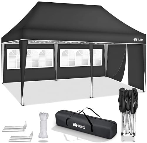 tillvex Tonnelle étanche 3 x 6 m, pliable, pop-up, réglable en hauteur, protection UV 50+, tente de réception avec sac, pour jardin, avec 3 panneaux latéraux (anthracite)