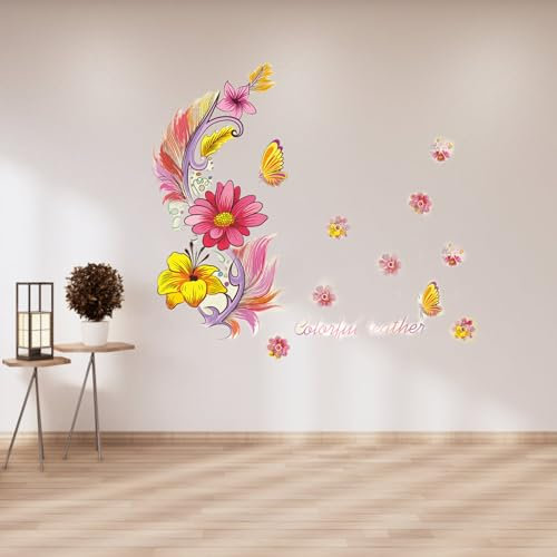 astylishome Wall Stickers for Kitchen Colorful Butterfly Sticker Feather Walls Decals Floral Wallpaper for Living Room Bedroom TV Background Art Home Decor 0116