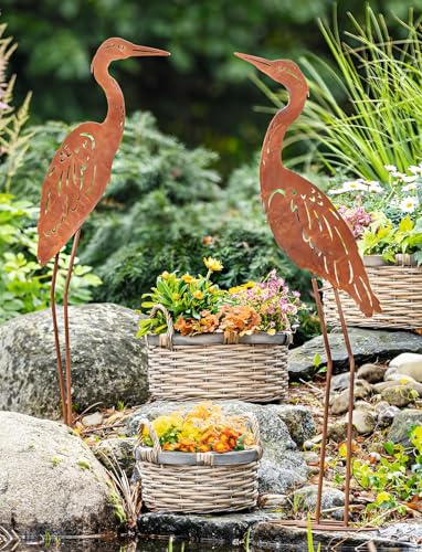 Dekoleidenschaft Lot de 2 oiseaux décoratifs en métal avec finition rouille véritable, 88 cm de haut, figurine décorative de jardin, décoration de jardin pour l'extérieur, décoration rouillée