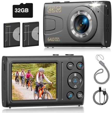 Digitalkamera 4K 64MP mit 32GB SD Karte, Autofokus 18X Digitalzoom Kompaktkamera für Reisen Familie YouTube Vlogging - Tragbare Kamera digital für Kinder, Jugendliche, Studenten, Anfänger (Schwarz)