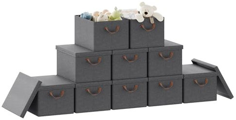 WOLTU Faltbare Aufbewahrungsboxen 10 Stück, Stoffboxen mit Deckel, Aufbewahrungskörbe für Kleidung, Bettdecke, Spielzeug, Grau, 43x33x26cm